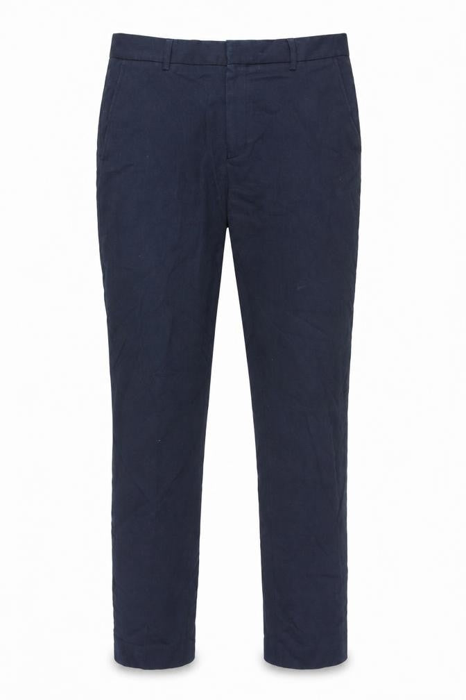 Front view of New Look men’s blue polyester trousers, size 34, in regular hook & eye