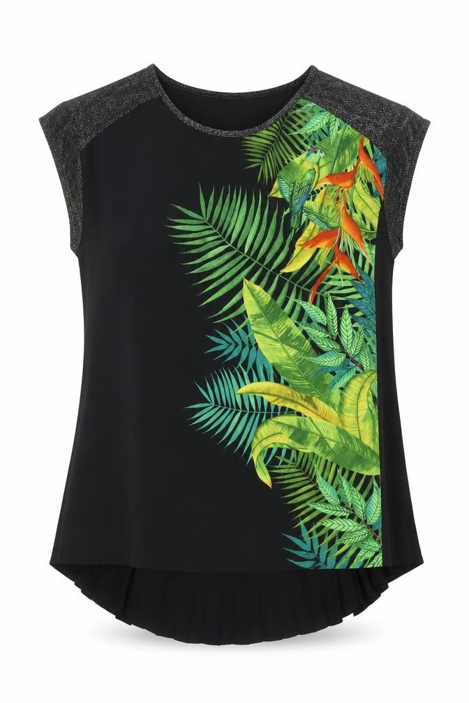 Front view of Oasis women’s black floral polyester basic blouse, size M, round neck