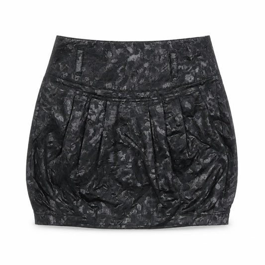 Front view of River Island women’s black geometric polyester tulip skirt, size UK 6, zip