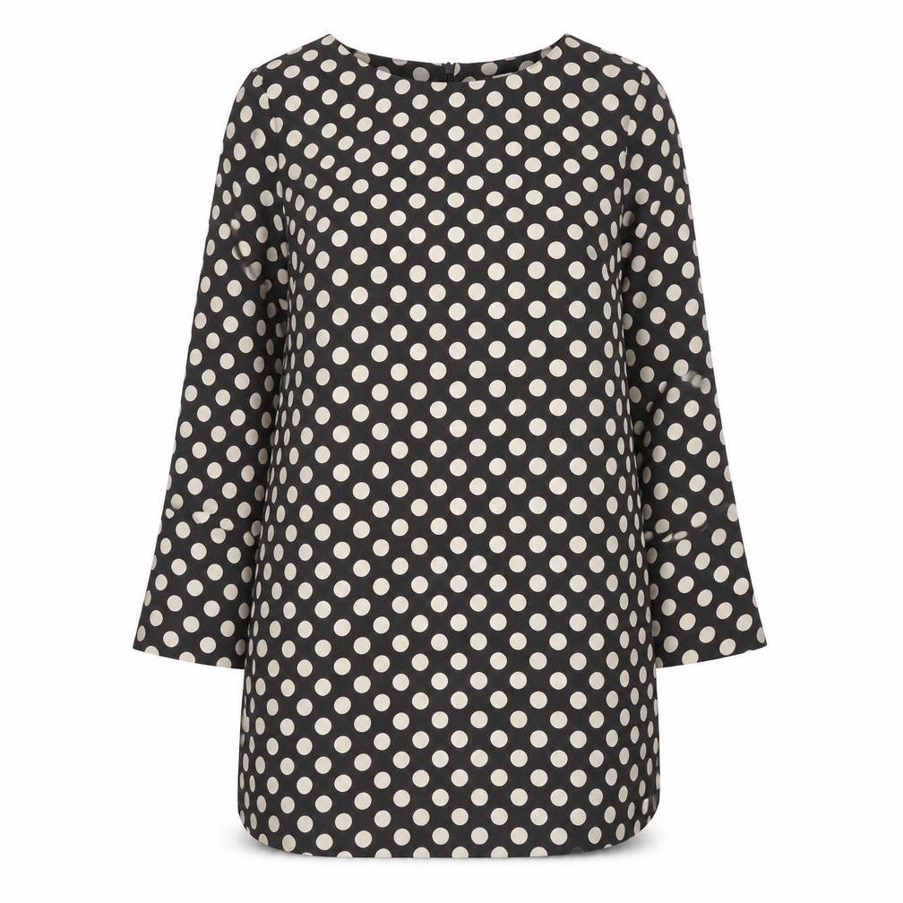 Front view of H&M women’s black polka dot polyester a-line, size UK 10, round neck zip