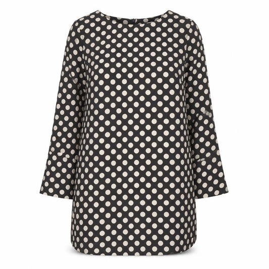 Front view of H&M women’s black polka dot polyester a-line, size UK 10, round neck zip
