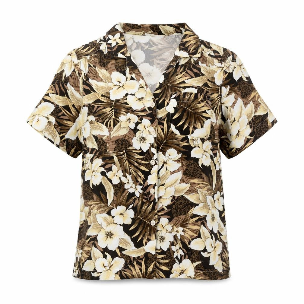 Front view of Cathy Essentials women’s brown floral cotton basic button-up, size S, collared