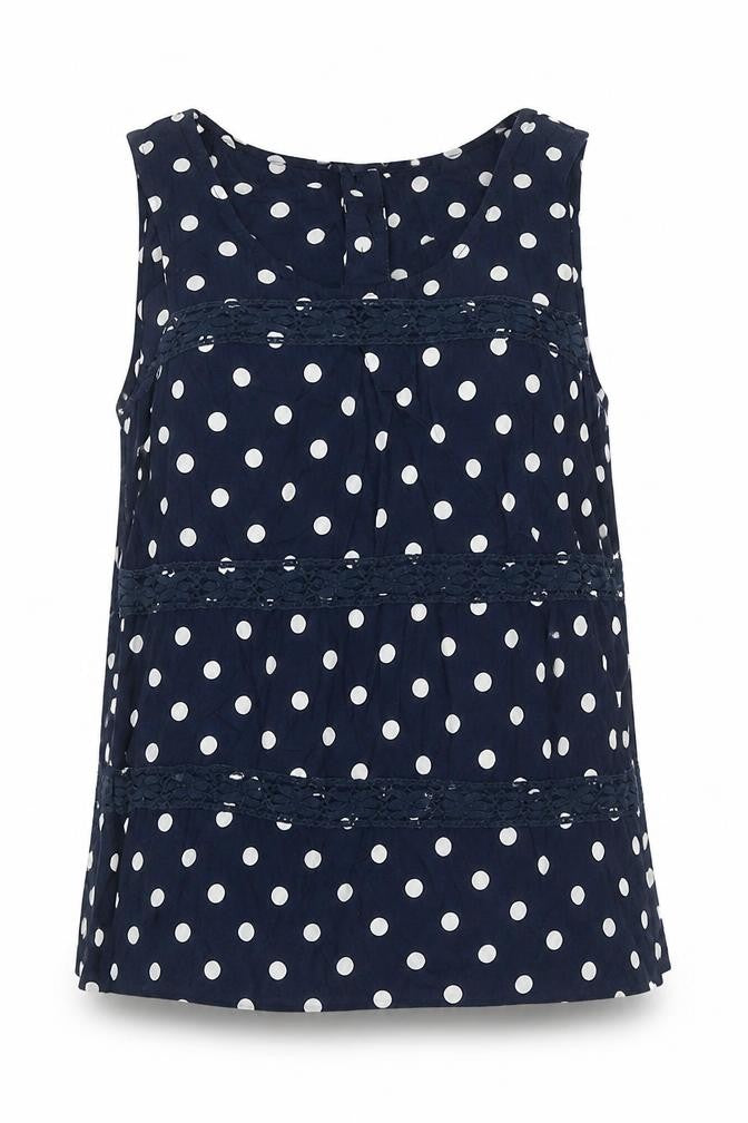 Front view of George women’s blue polka dot viscose basic tank, size UK 12, round neck