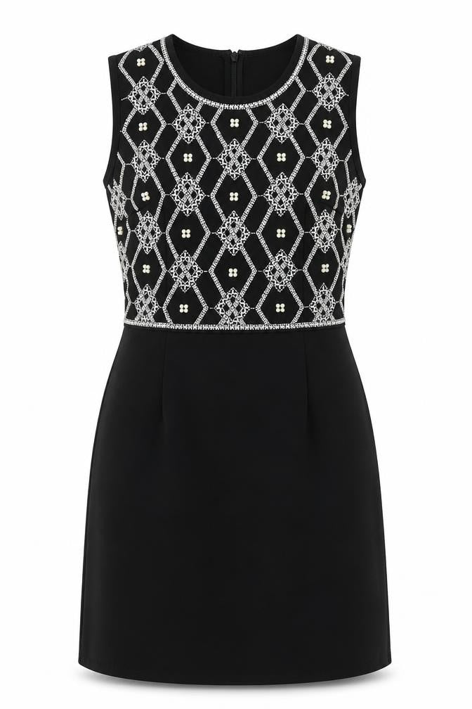 Front view of TFNC women’s black geometric polyester a-line, size M, round neck zip
