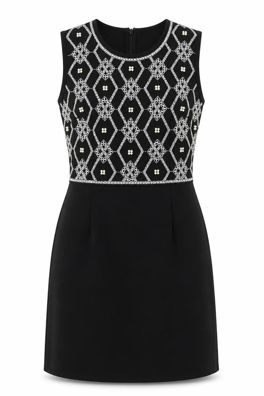 Front view of TFNC women’s black geometric polyester a-line, size M, round neck zip