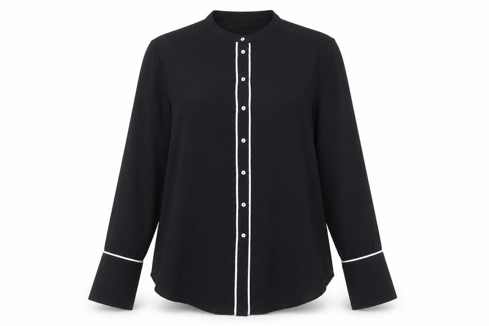 Front view of H&M women’s black polyester basic button-up, size UK 12, round neck