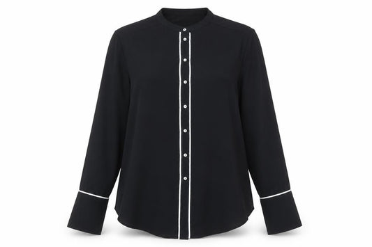 Front view of H&M women’s black polyester basic button-up, size UK 12, round neck