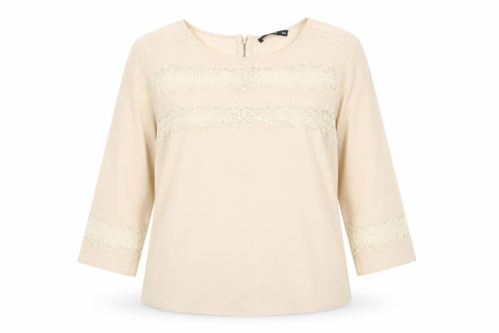 Front view of Oasis women’s beige polyester basic blouse, size UK 12, round neck - lace detail