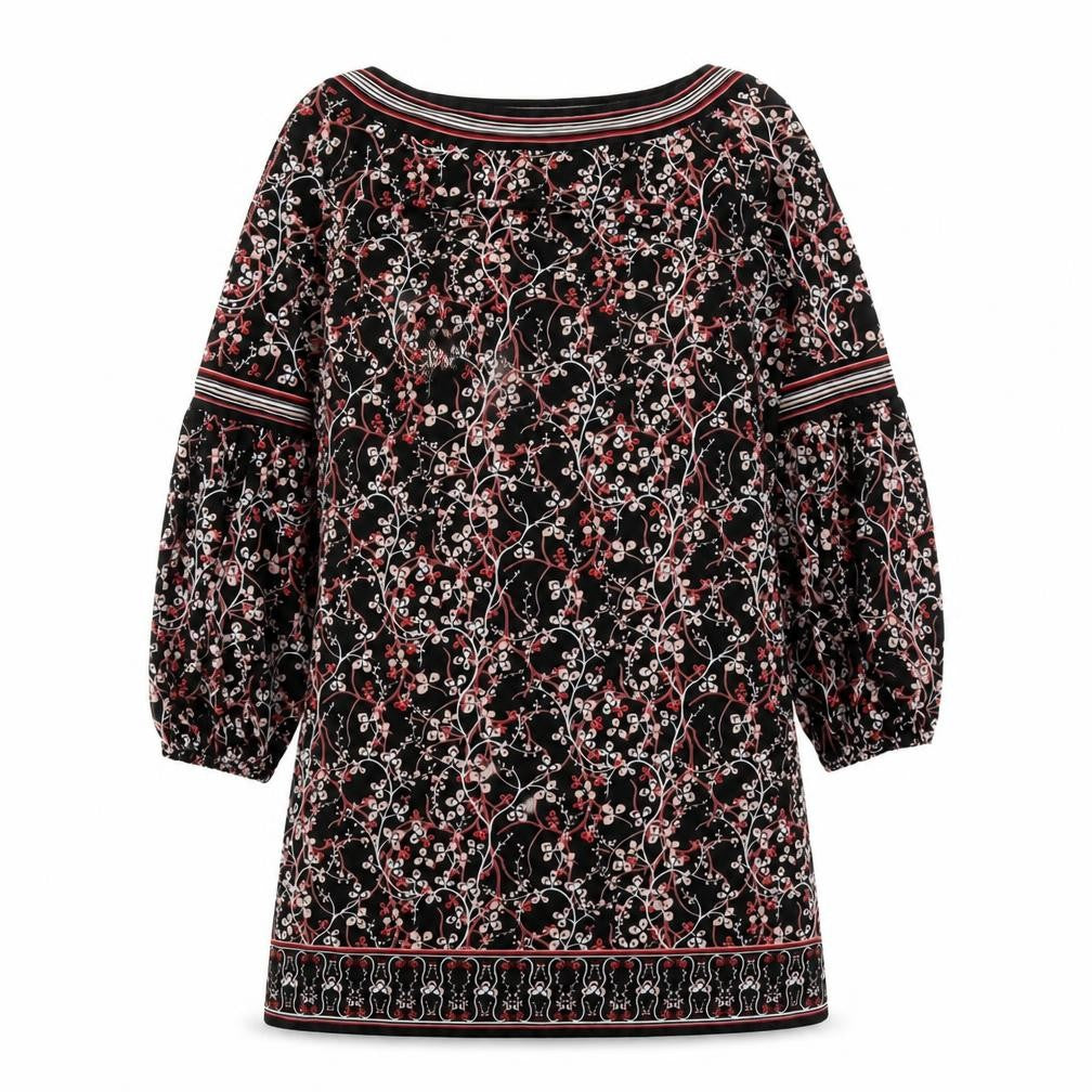 Front view of Max Studio women’s black geometric polyester shift, size M, boat neck pullover
