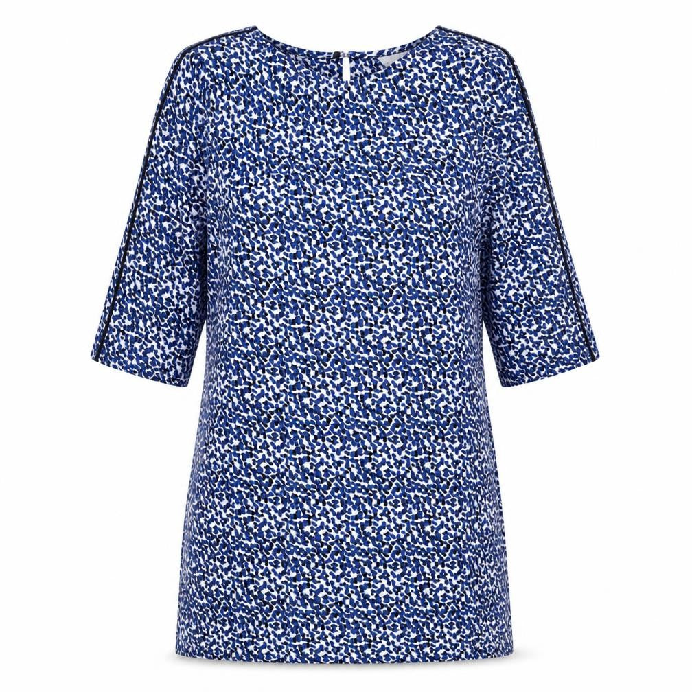 Front view of H&M women’s blue geometric polyester shift, size UK 12, boat neck button