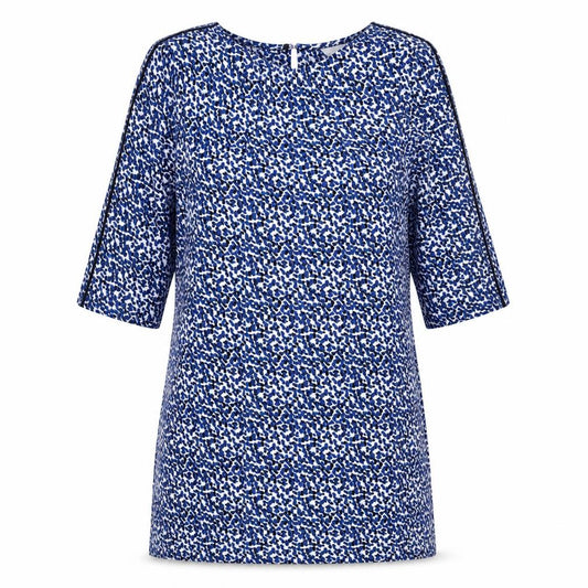 Front view of H&M women’s blue geometric polyester shift, size UK 12, boat neck button