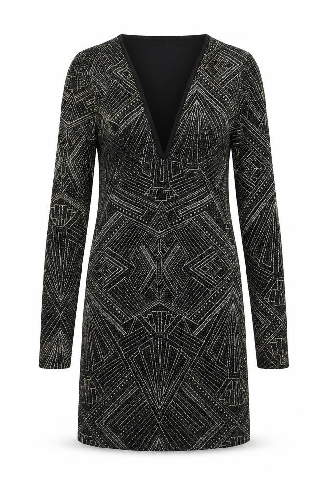 Front view of Divided by H&M women’s black geometric polyamide bodycon, size UK 8, v-neck pullover