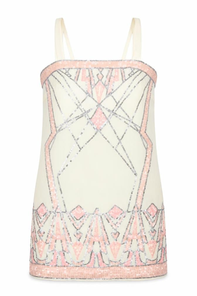 Warehouse Womens Beige Geometric Polyester Tank Dress Size 12 Square Neck Zip