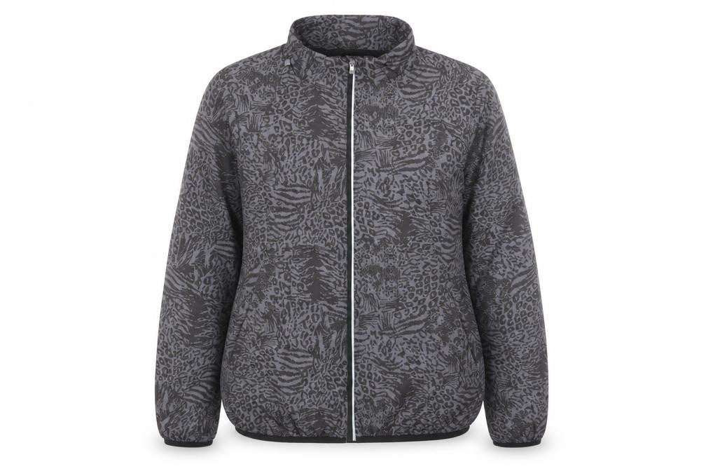 Front view of Atmosphere women’s grey geometric rain coat jacket, size UK 12, zip
