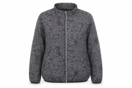Front view of Atmosphere women’s grey geometric rain coat jacket, size UK 12, zip