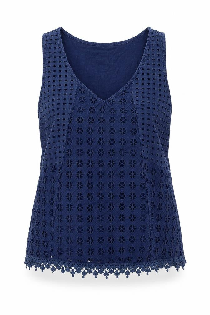 Front view of Atmosphere women’s blue geometric cotton basic tank, size UK 12, v-neck