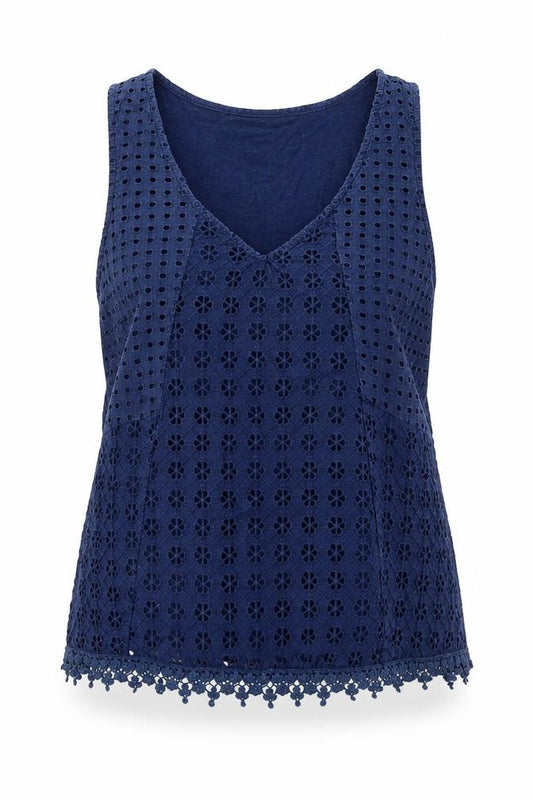 Front view of Atmosphere women’s blue geometric cotton basic tank, size UK 12, v-neck