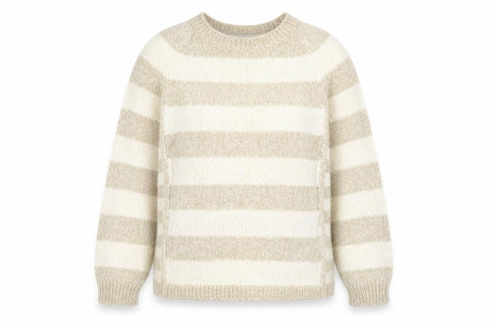 Front view of Marks & Spencer women’s beige round neck striped polyester jumper, size UK 14