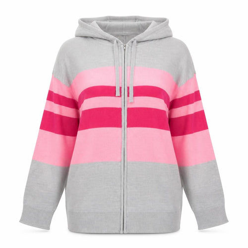 Marks and Spencer Womens Grey Round Neck Striped Acrylic Full Zip Jumper Size S
