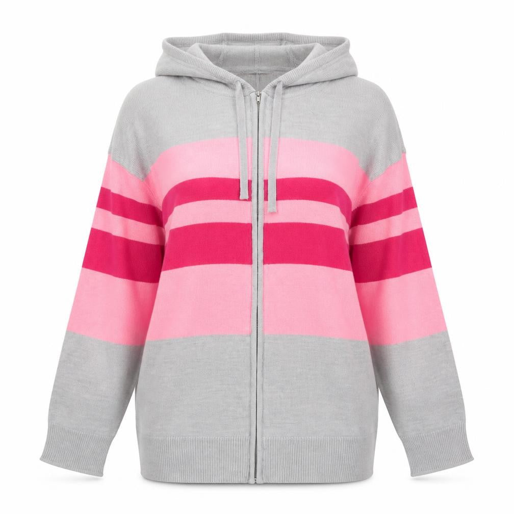 Marks and Spencer Womens Grey Round Neck Striped Acrylic Full Zip Jumper Size S