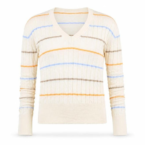 Marks and Spencer Womens Beige V-Neck Striped Acrylic Pullover Jumper Size M - Ribbed