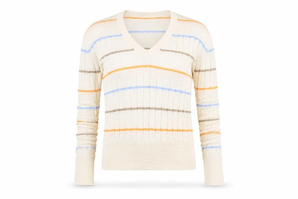 Marks and Spencer Womens Beige V-Neck Striped Acrylic Pullover Jumper Size M - Ribbed