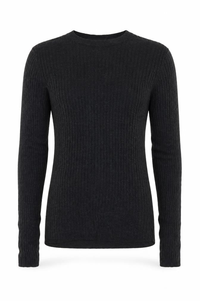 Front view of H&M women’s black scoop neck acrylic jumper, size XS, - ribbed