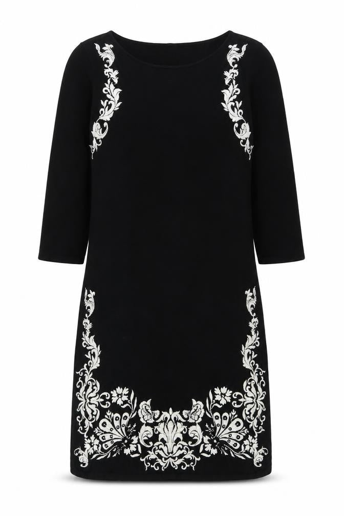 Front view of Monsoon women’s black floral cotton sheath, size UK 12, boat neck pullover