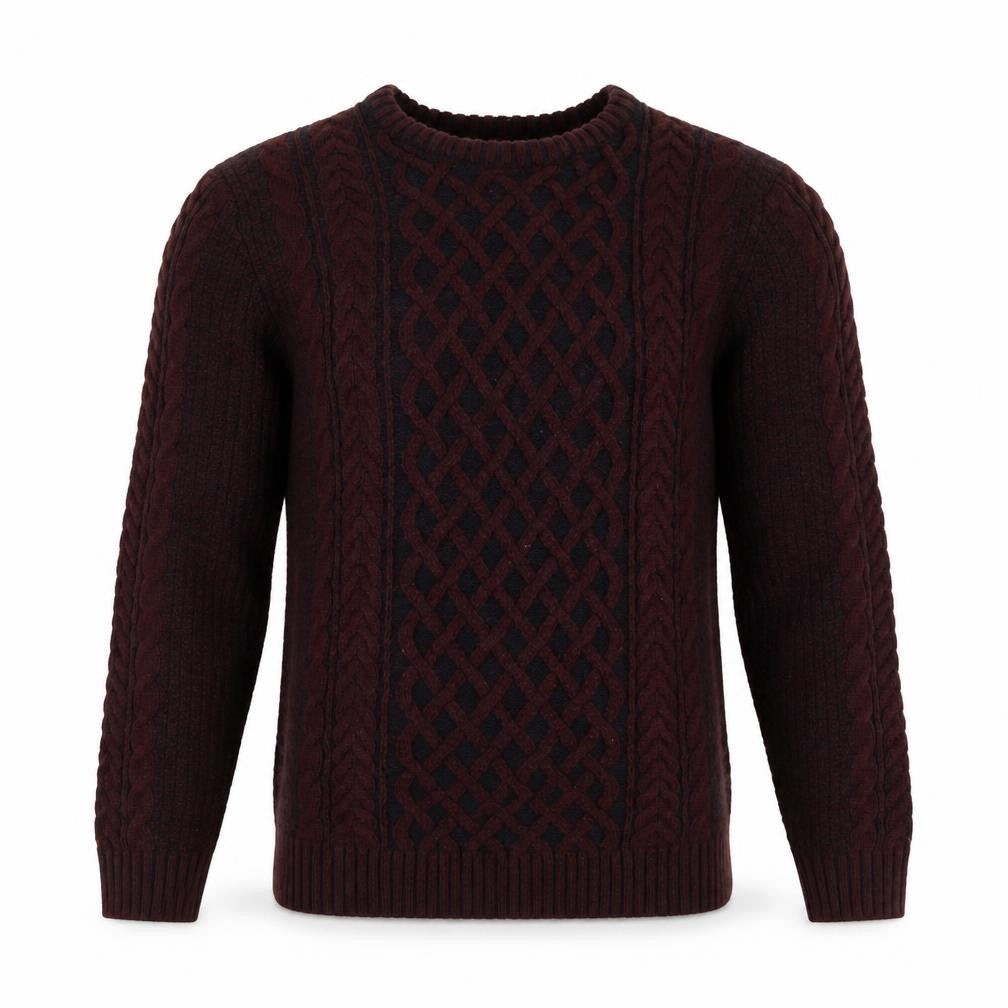 Front view of River Island men’s red round neck geometric acrylic jumper, size M, long sleeve