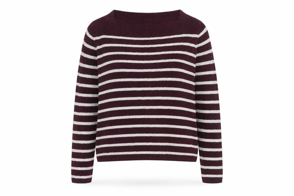 Front view of H&M women’s purple square neck striped cotton jumper, size M