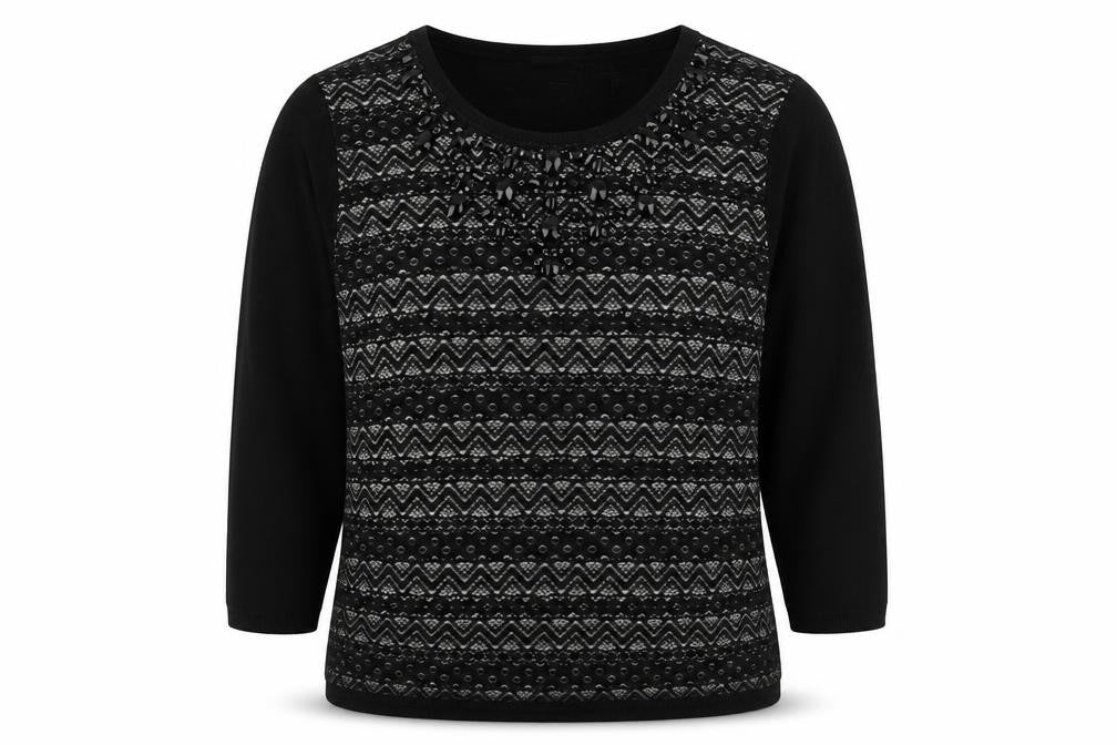 Front view of Monsoon women’s black round neck geometric acrylic jumper, size UK 16