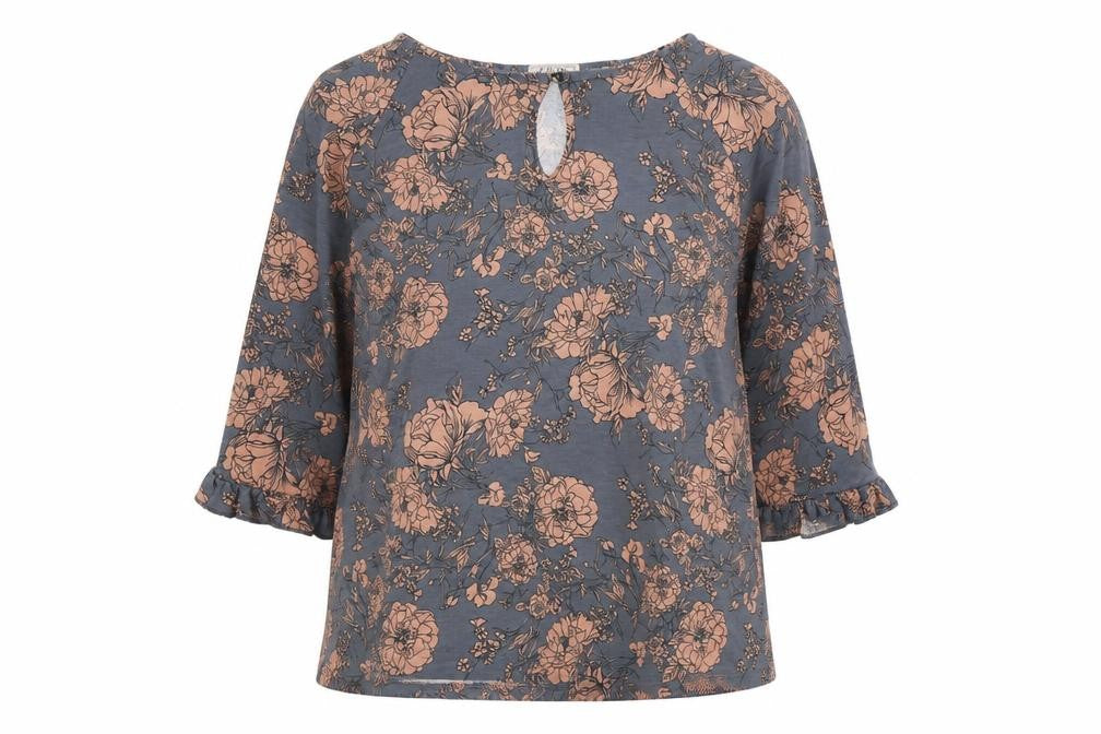 Front view of Auburn women’s blue floral polyester basic blouse, size L, boat neck