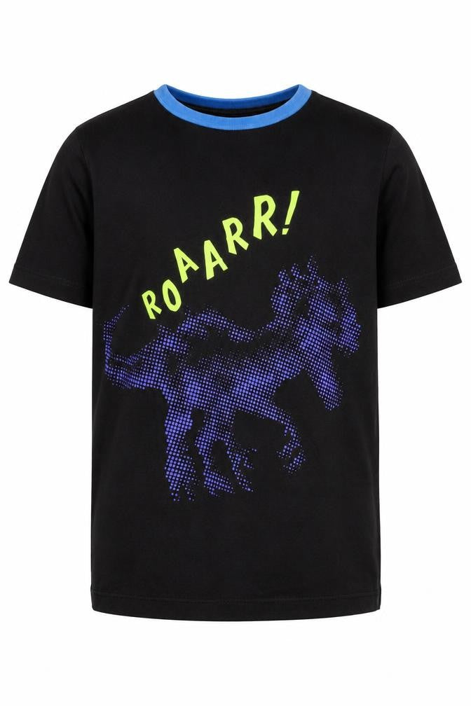 Front view of Amazon boys’ black 100% cotton basic t-shirt, size M, round neck pullover - dinosaur