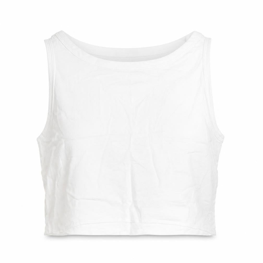 Front view of Primark women’s white viscose cropped tank, size UK 6, round neck