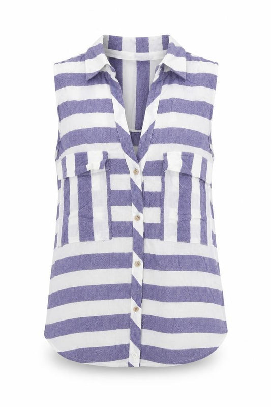 Front view of Zara women’s blue striped 100% cotton basic button-up, size XS, collared