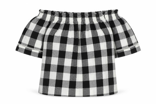 Front view of Papaya women’s black check polyester basic blouse, size UK 10, boat neck
