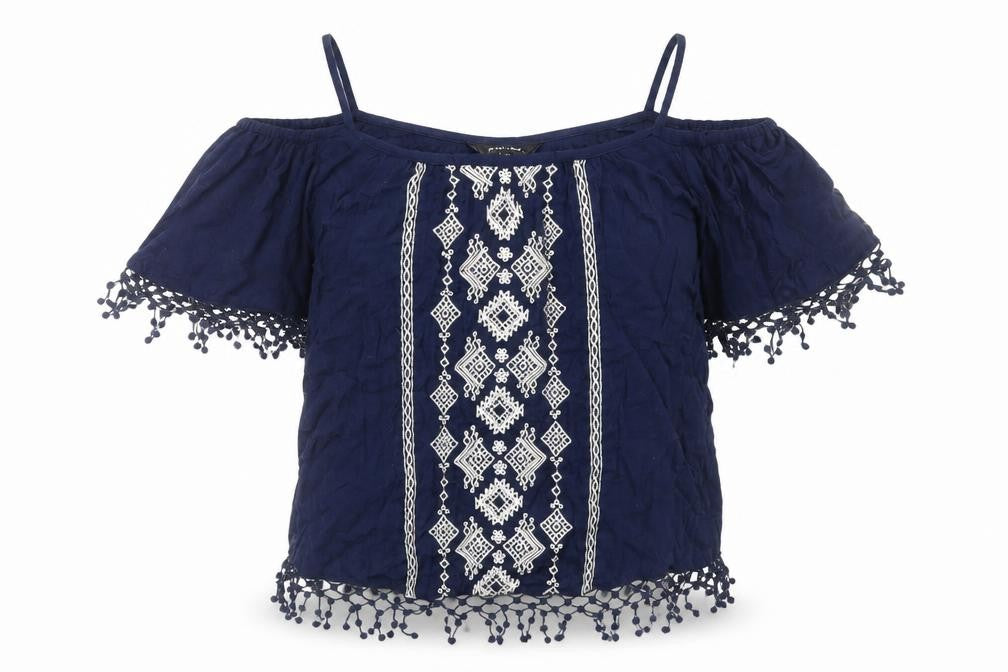 Front view of New Look women’s blue geometric viscose basic blouse, size UK 8, off the shoulder