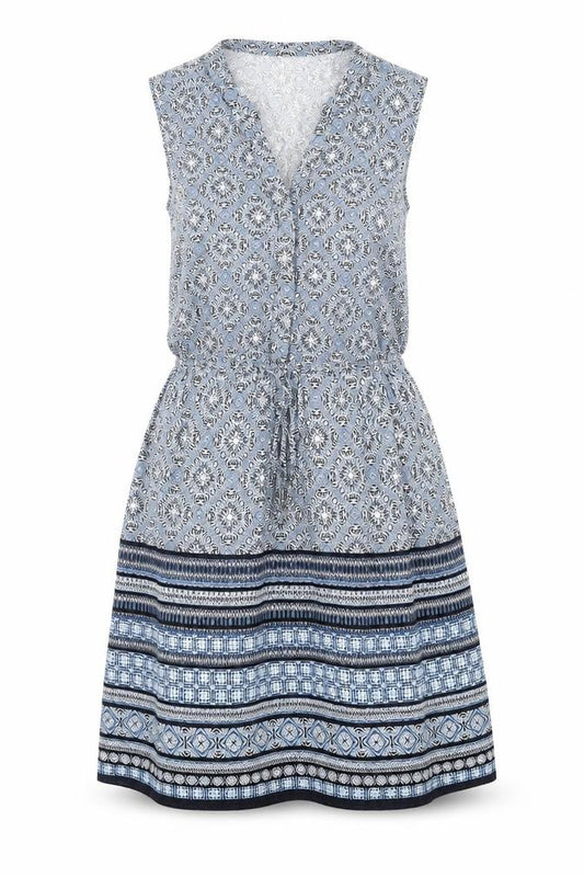 Front view of New Look women’s blue geometric viscose a-line, size UK 8, v-neck pullover