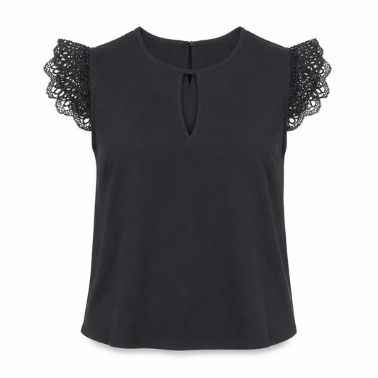 Front view of Preworn women’s black polyester basic t-shirt, size S, round neck