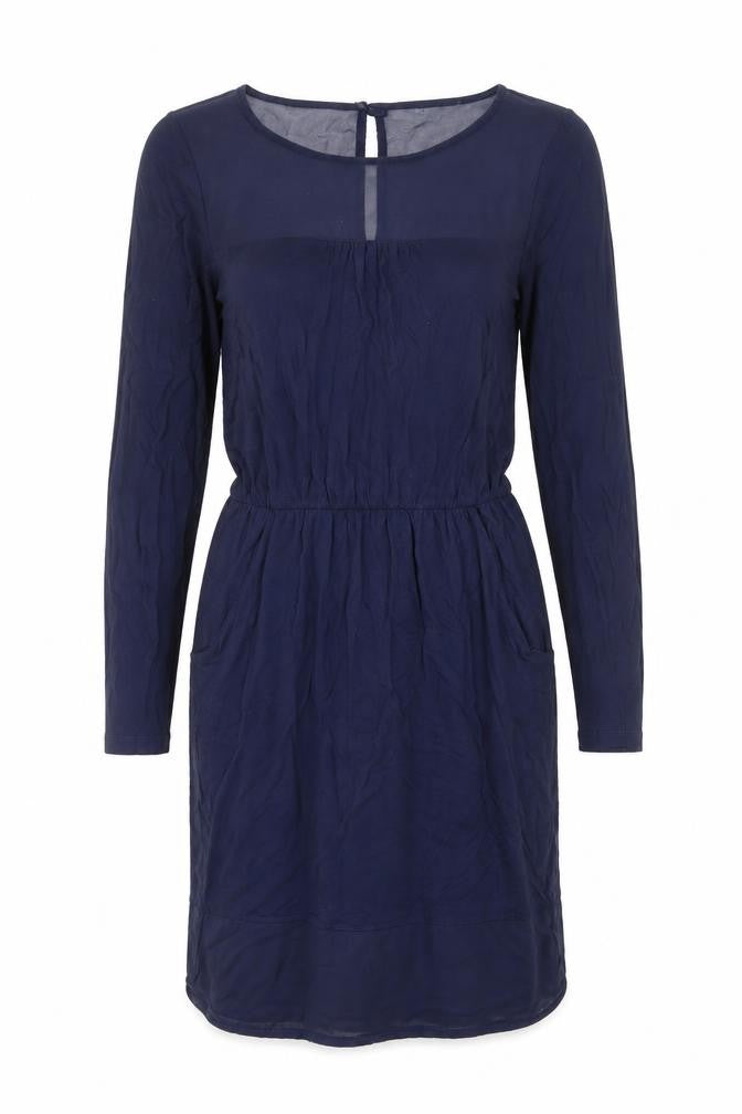 Front view of Warehouse women’s blue polyester fit & flare, size UK 10, round neck pullover
