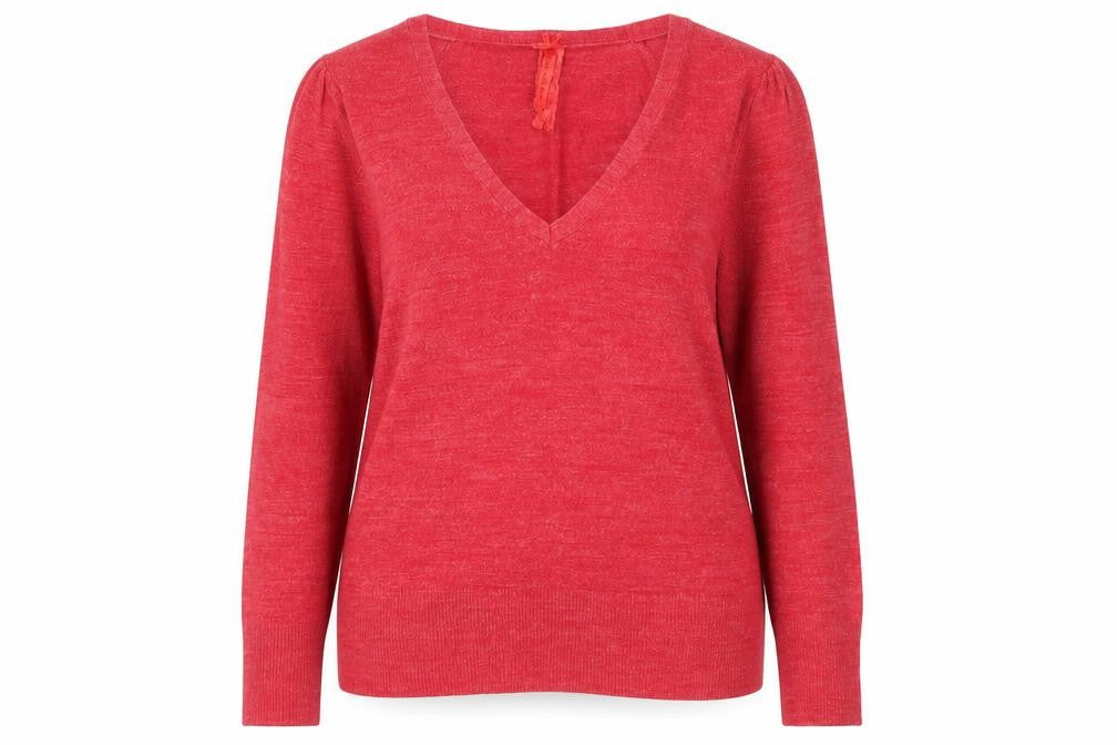 Front view of E-vie women’s red v-neck acrylic jumper, size UK 18