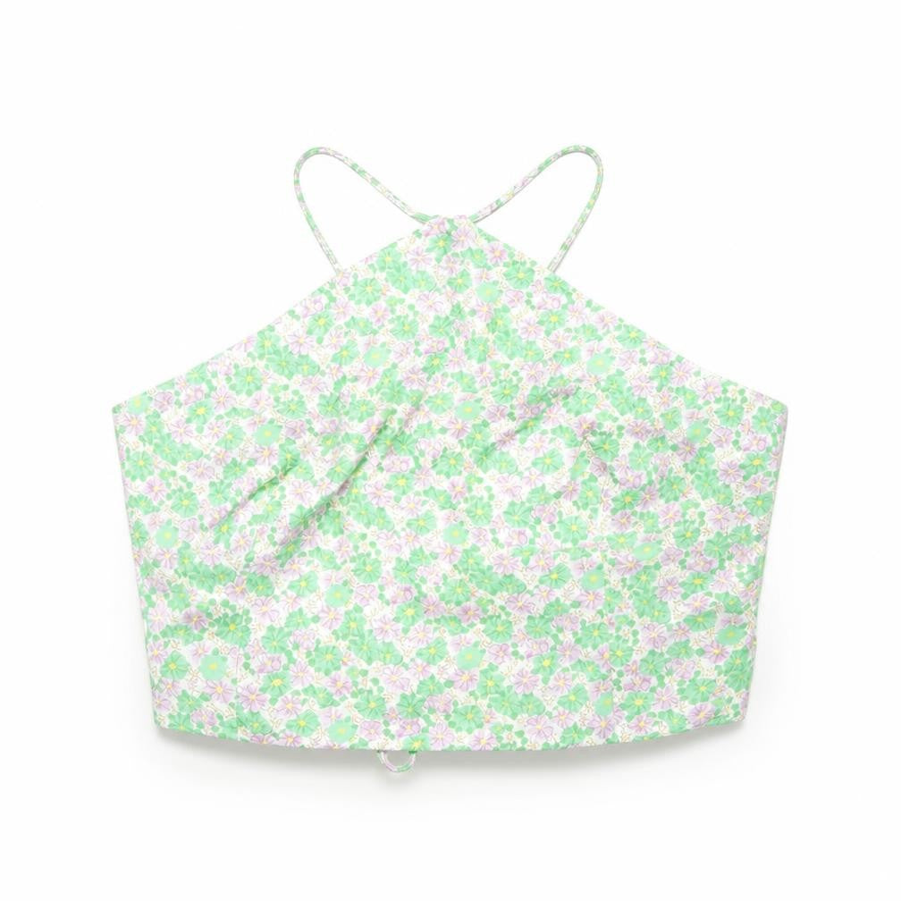 Zara Womens Green Floral Polyester Cropped Tank Size L Halter