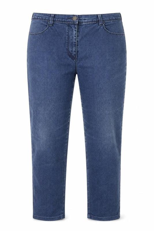 Front view of women’s blue cotton skinny jeans, size UK 14, regular zip