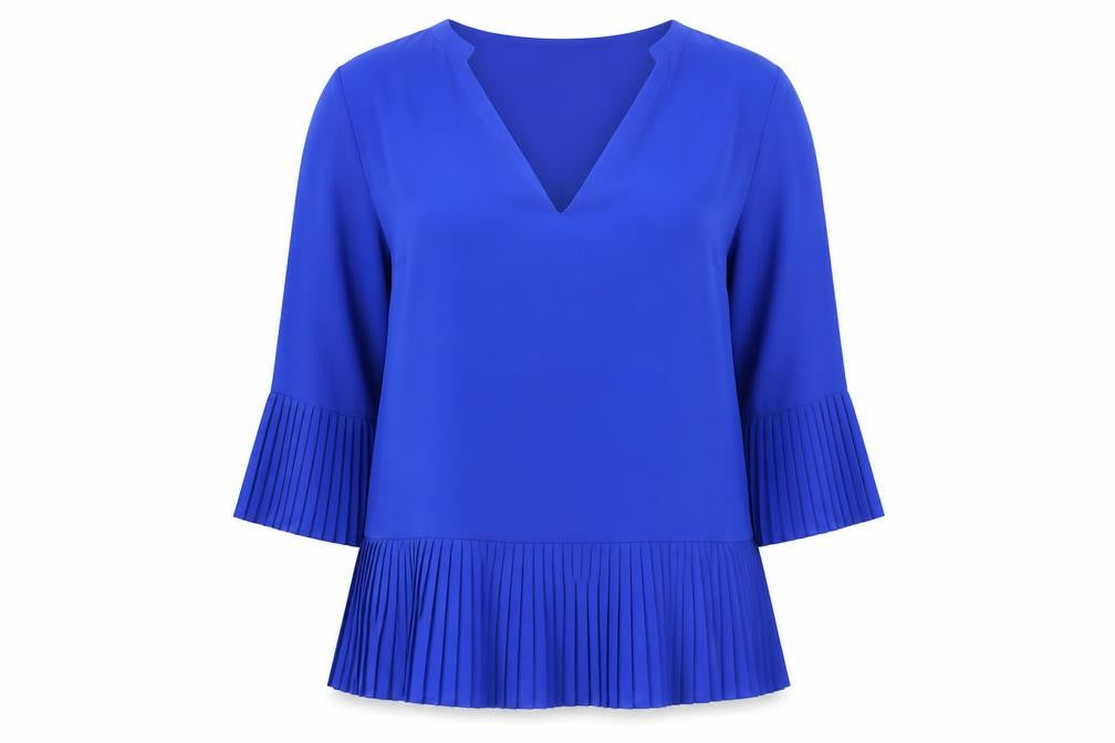 Front view of Capsule women’s blue polyester basic blouse, size UK 14, v-neck