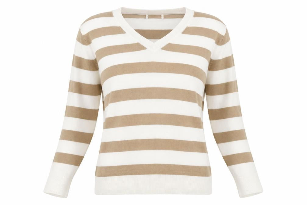 Front view of Primark women’s white v-neck striped polyester jumper, size UK 10