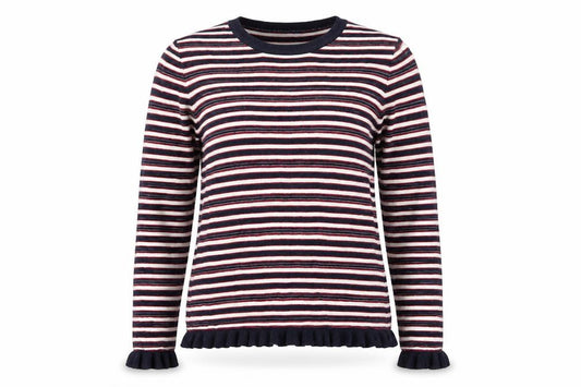 Front view of Papaya women’s multicoloured round neck striped cotton jumper, size UK 8