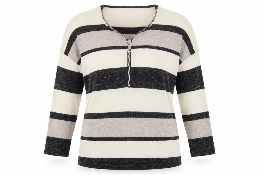 Front view of Blue Vanilla women’s beige round neck striped viscose jumper, size S