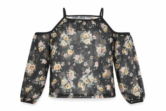 Front view of New Look women’s black floral polyester basic blouse, size UK 10, square neck - cold shoulder