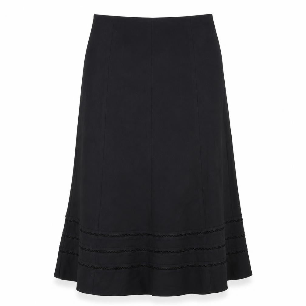 Front view of Marks & Spencer women’s black polyester swing skirt, size UK 14, hook & loop