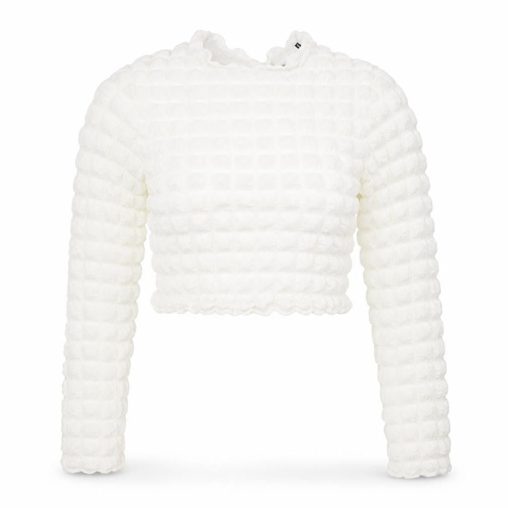 Front view of Boohoo women’s white polyester cropped blouse, size UK 10, round neck - textured